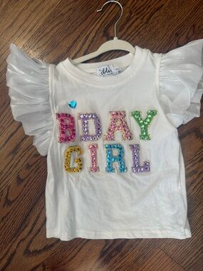 Lola + The Boys White "Bday Girl" Sequin Tee with Sheer Flutter Sleeves
